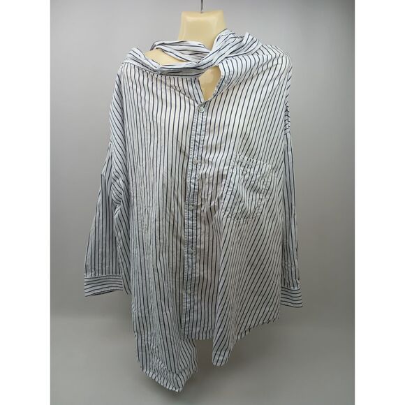 Balenciaga Women's Bow Detail Striped White Navy Blue Button Up Shirt Size 40 - Picture 6 of 11
